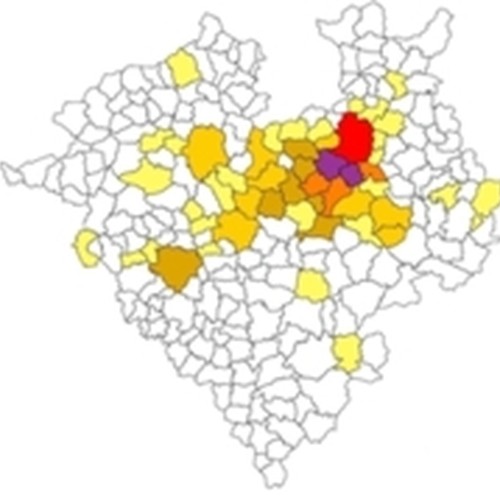 Kartendarstellung des Internetportals Familiennamengeographie