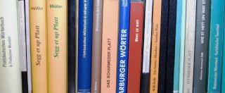 Buchrücken nebeneinander aufgestellter Wörterbücher des westfälischen Platt in einem Regal