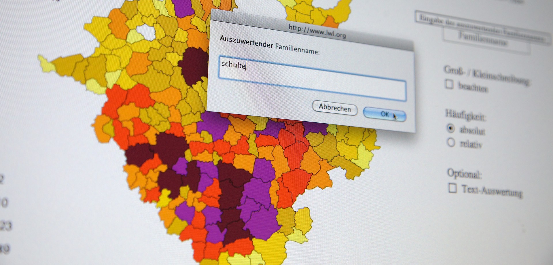 Westfalenkarte des Internetportals Familiennamengeographie, die die Verbreitung für den Name "Schulte" anzeigt