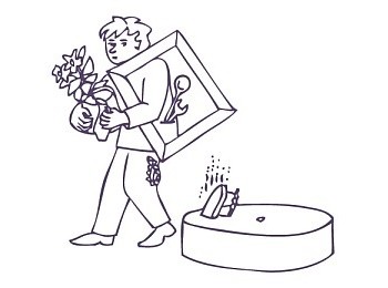 Ein Mann, der allerlei Dinge, wie eine Blumenvase und einen Bilderrahmen trägt, geht an einem Mühlstein und einem dampfenden Bügeleisen vorbei.