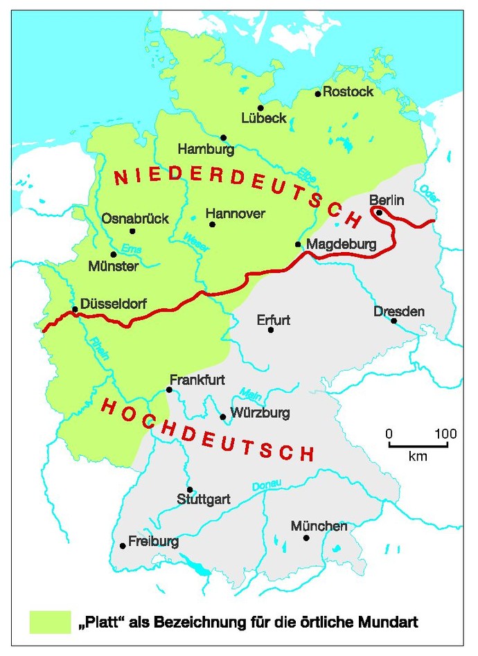 Deutschlandkarte mit der „Benrather Linie“, der Grenze zwischen dem hochdeutschen und dem niederdeutschen Sprachgebiet.