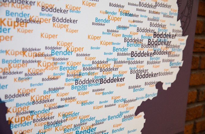 Karte Westfalens mit der Verteilung der Namen Küper/Bender/Böddeker