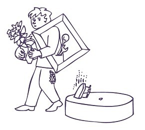 Zeichnung: Ein Mann trägt viele Gegenstände mit sich. Ein Mühlstein und ein dampfendes Bügeleisen liegen auf dem Boden; daran geht er vorbei.