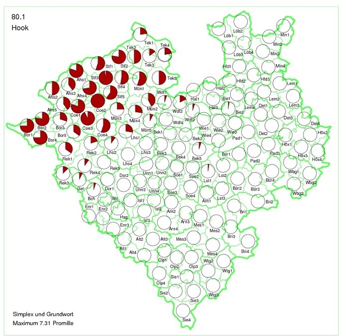 Karte, auf der für die einzelnen Bezierke in Westfalen-Lippe durch Kreisdiagramme die Verbreitung des Flurnamens "Hook" dargestellt ist